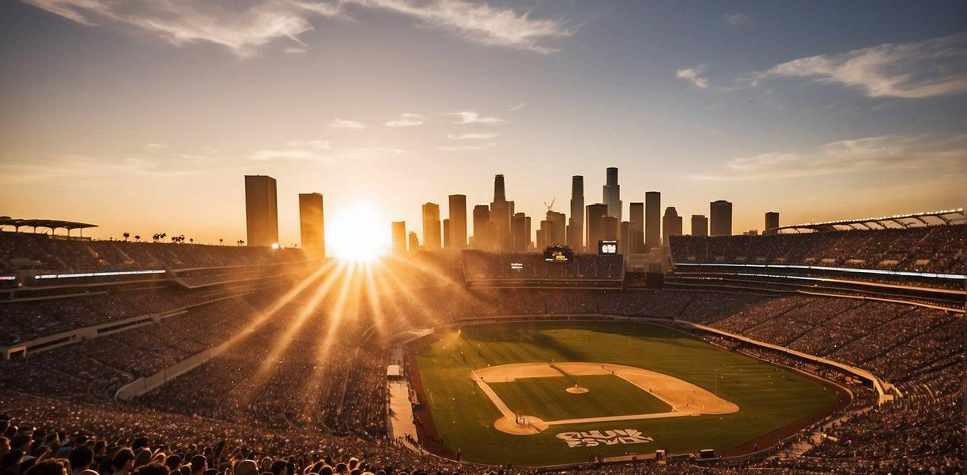 The sun sets behind the iconic Los Angeles skyline as a crowd cheers at a packed stadium, with athletes competing in various sports, creating an electric atmosphere