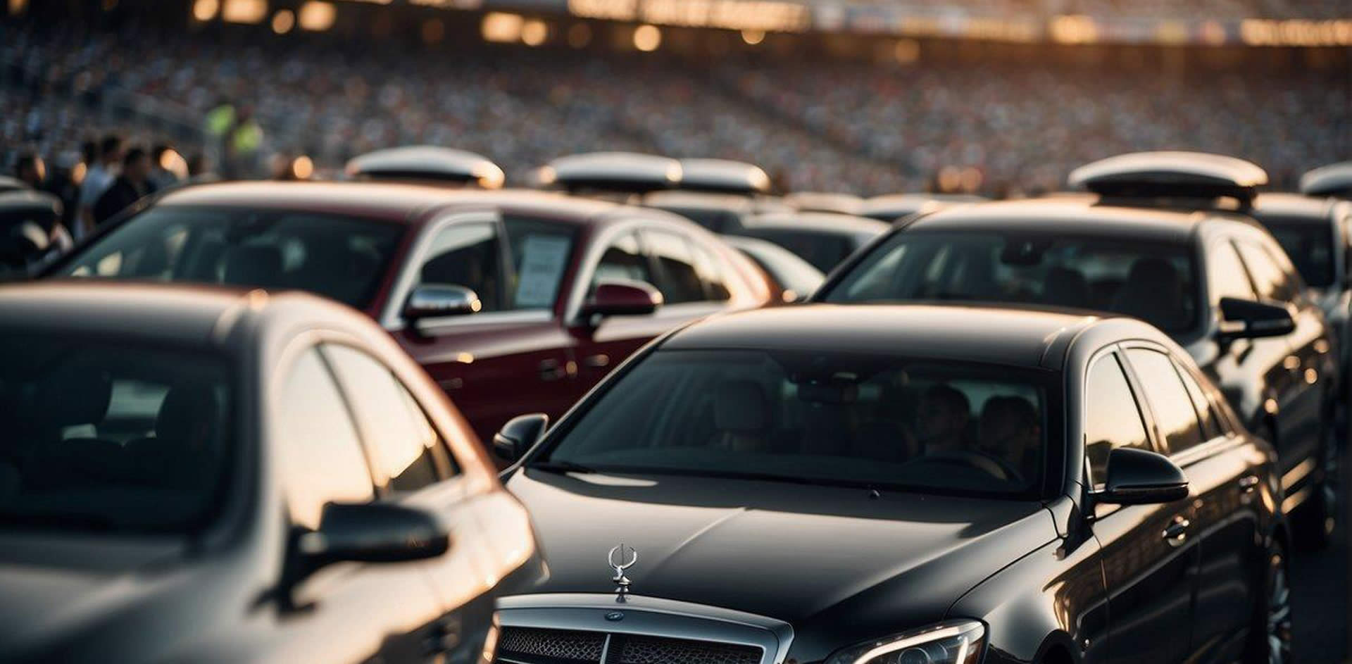 Luxury cars and limousines line up outside a stadium hosting a top 10 sporting event in Los Angeles. Bright lights and excitement fill the air as fans and VIPs arrive in style