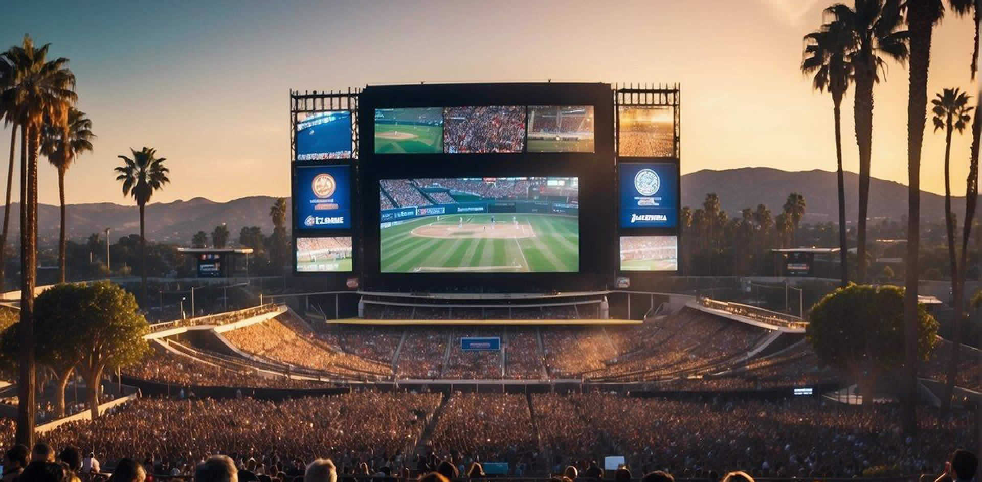 The scene showcases a variety of iconic sporting events in Los Angeles, including the excitement and energy of the city's top 10 can't-miss competitions